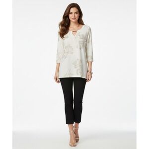 JM Collection Top‎ Womens M White Floral Glitter Metallic Evening Cocktail Party